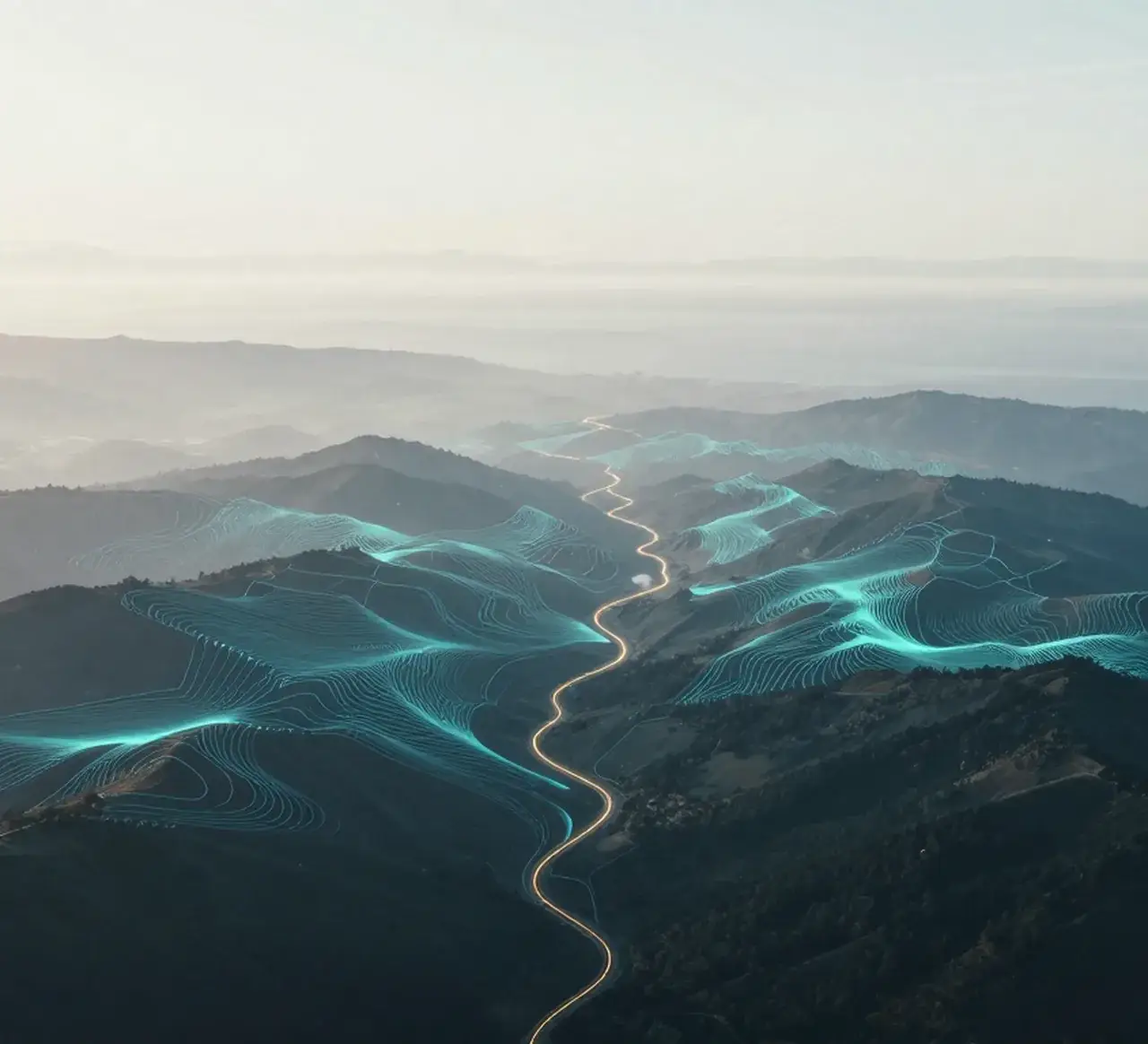 A layered mountain landscape at dawn, with a single illuminated path threading through the valleys from the foreground to the horizon.